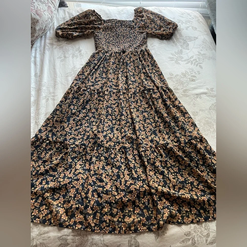 Baltic Born‎ Manchester Navy Ditsy Floral Smocked Midi Dress Small Cottagecore - Picture 3 of 9